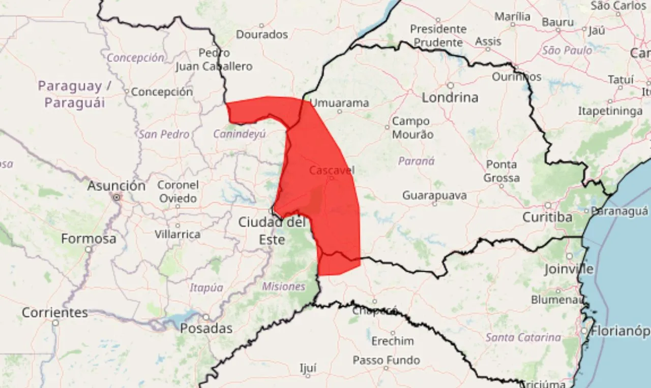 o mapa mostra as áreas em alerta para tempestade e ventos